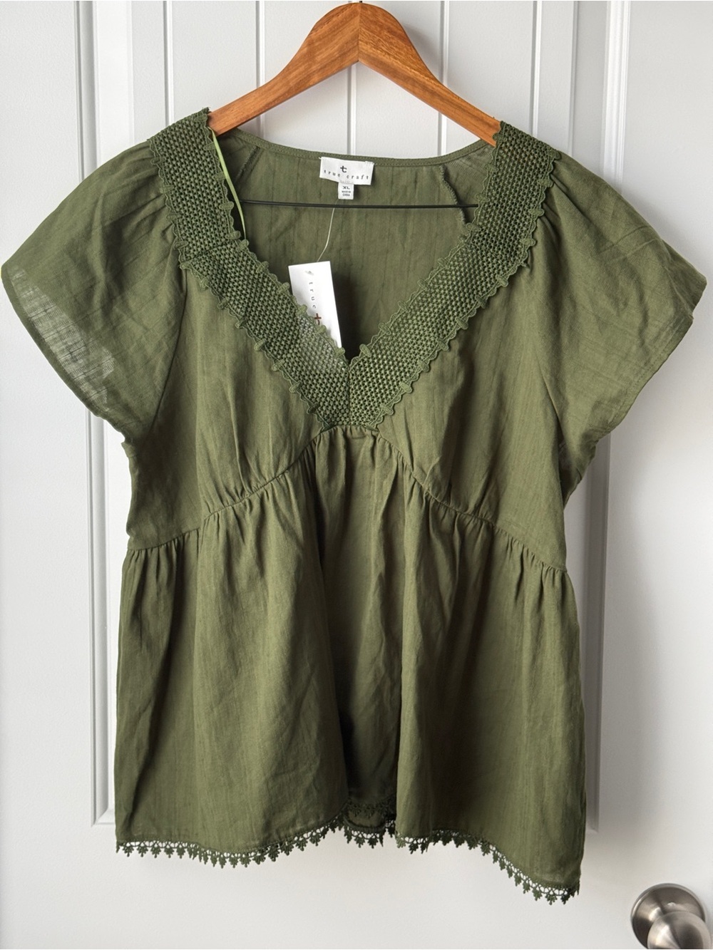 True Craft Olive Green V-Neck Peasant Top Bohemian Women's Blouse Size XL